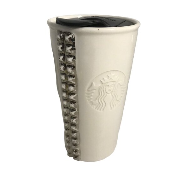 Starbucks Tumbler 2014 White Travel With Lid Silver Studded Ceramic Double Wall - Picture 2 of 12